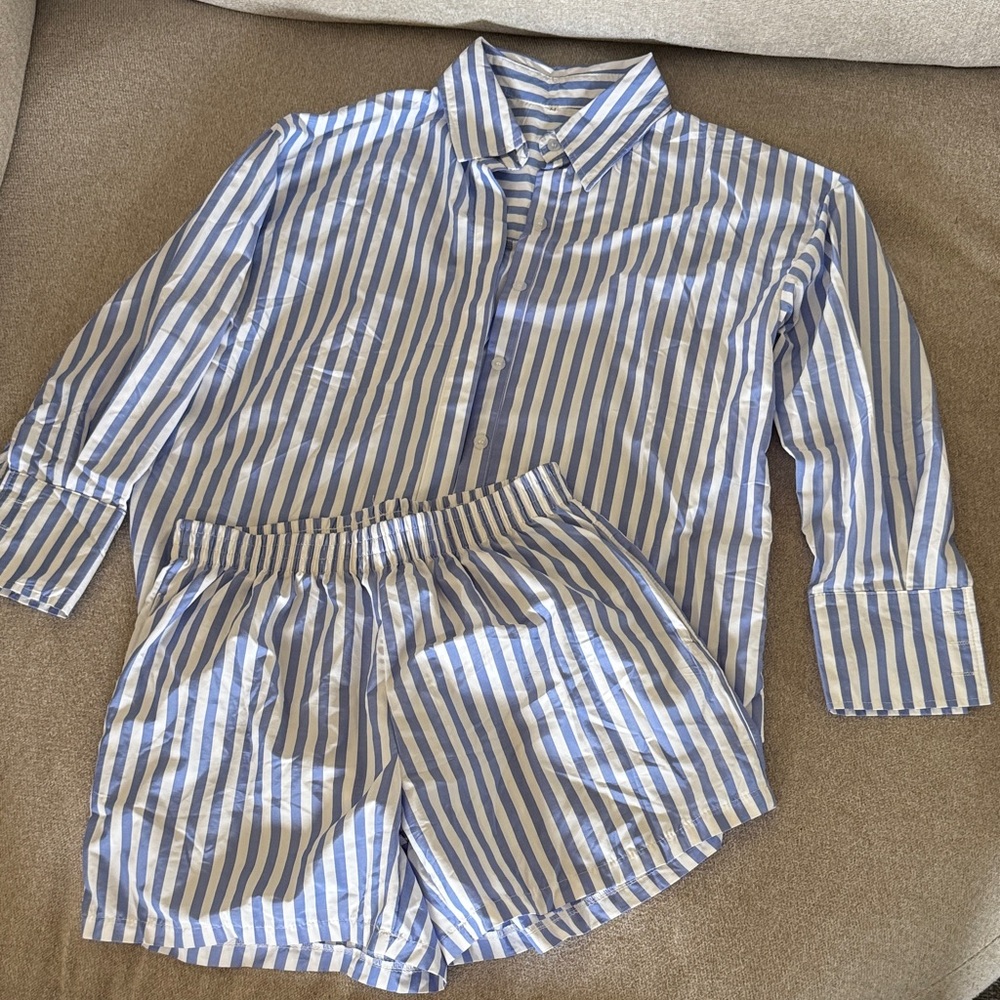 Women's Blue & White Striped Button-Front Pajama Shirt and Shorts Set